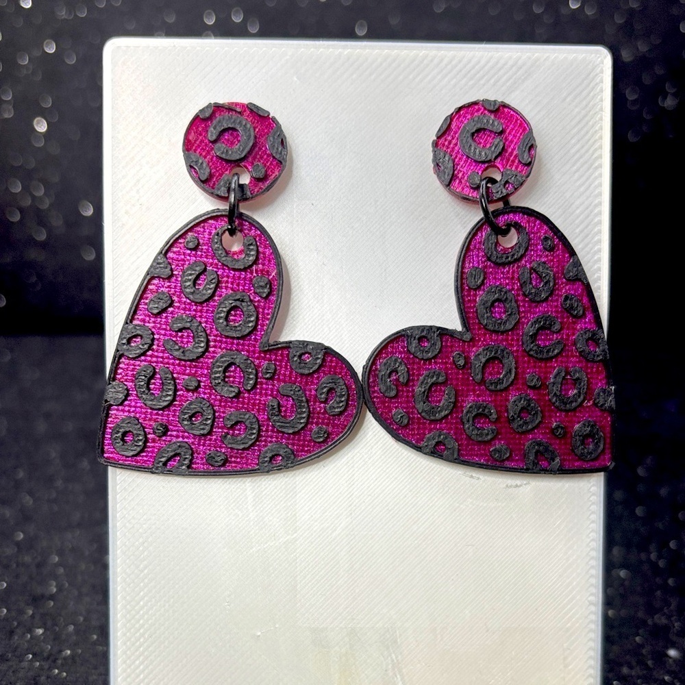 Pink Leopard Heart Earrings